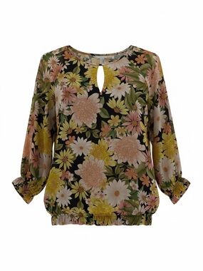 Floral Keyhole Blouse - Black with Pink & Yellow Flowers